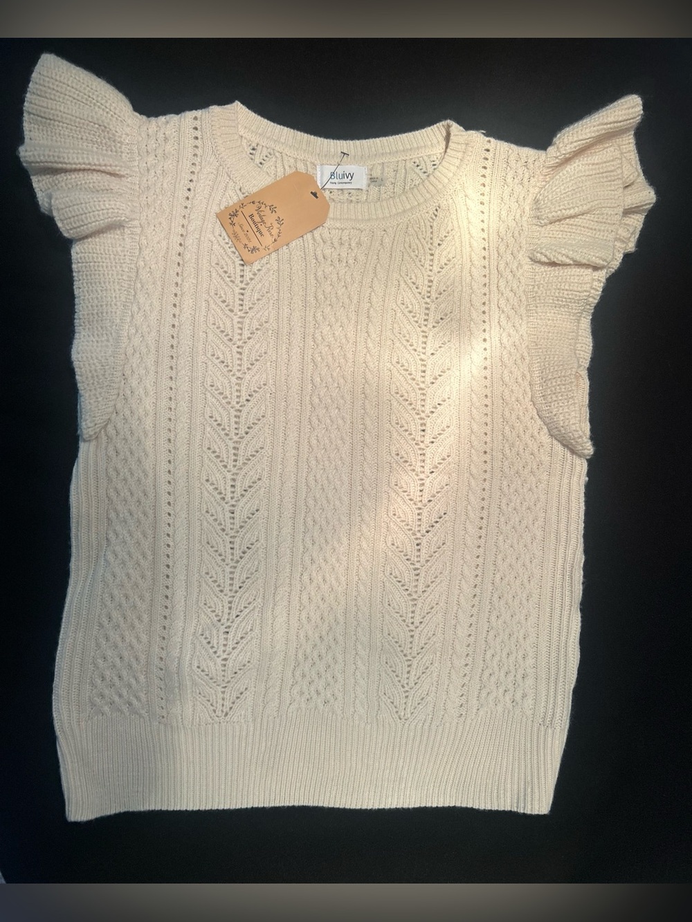 Bluivy Solid Cable-Knit Pullover Sweater Crew Neck Flutter Sleeve Ecru L Bluivy